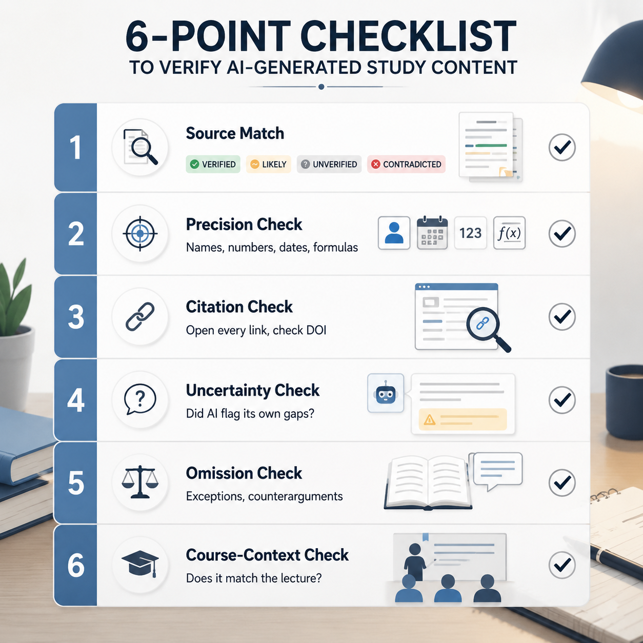 Infographic showing a six-point checklist for verifying AI-generated study content