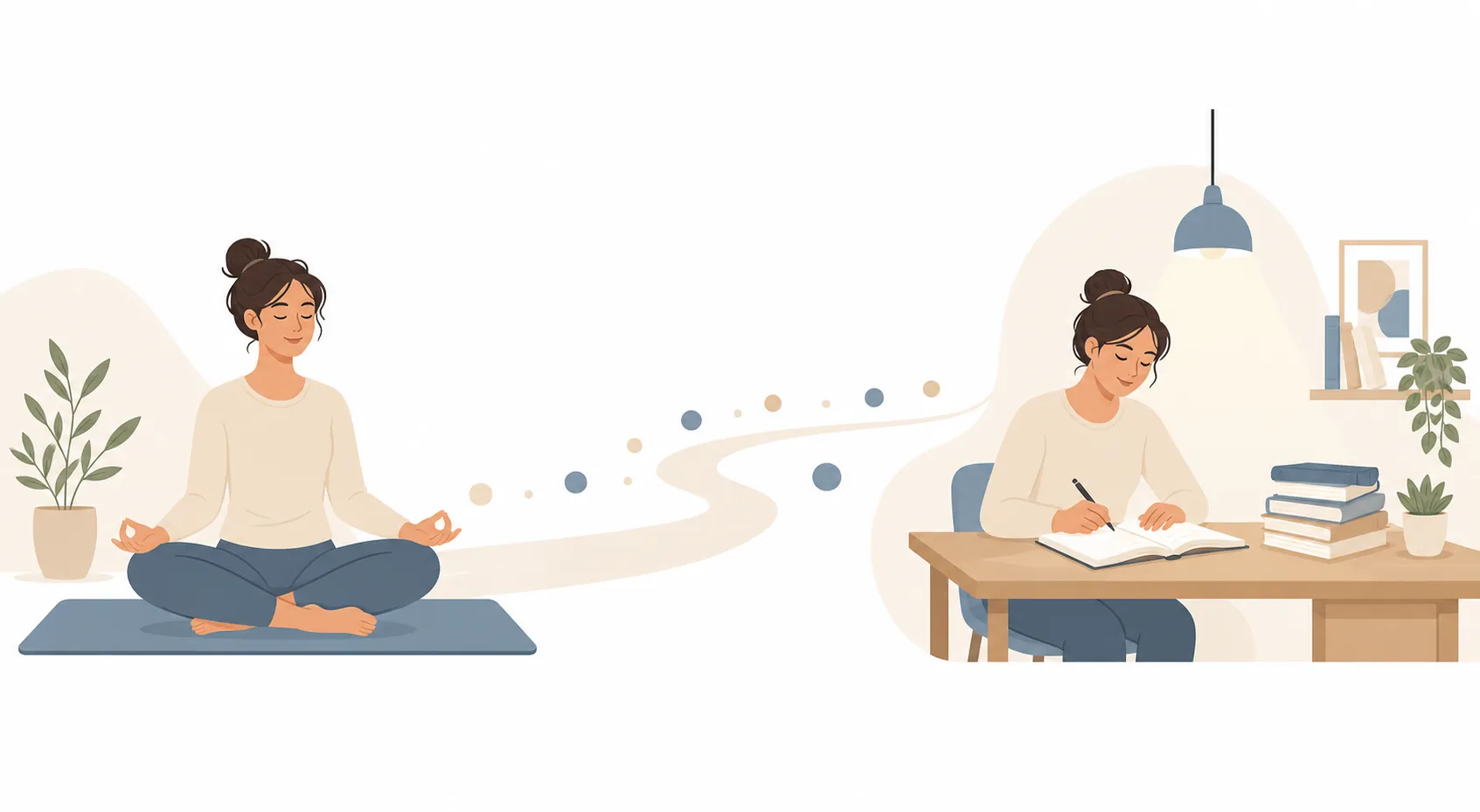 Illustration of a study-day schedule moving from yoga to a focused desk session