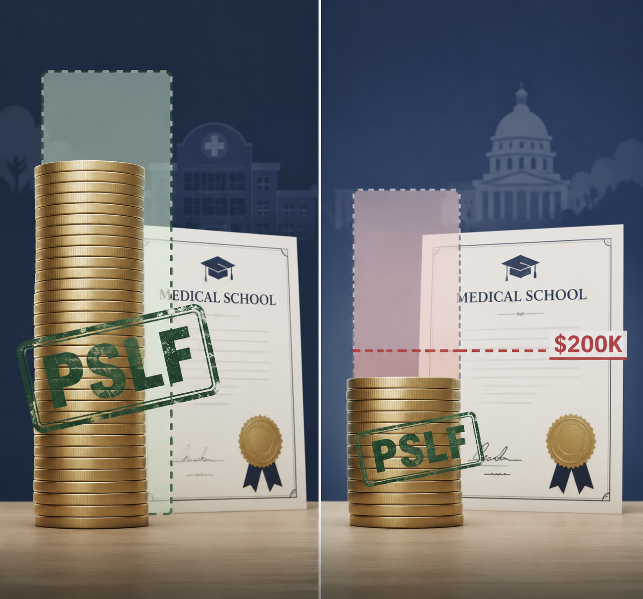 Side-by-side medical school debt comparison showing a larger pre-2026 PSLF coverage stack and a smaller stack constrained by a $200K barrier.