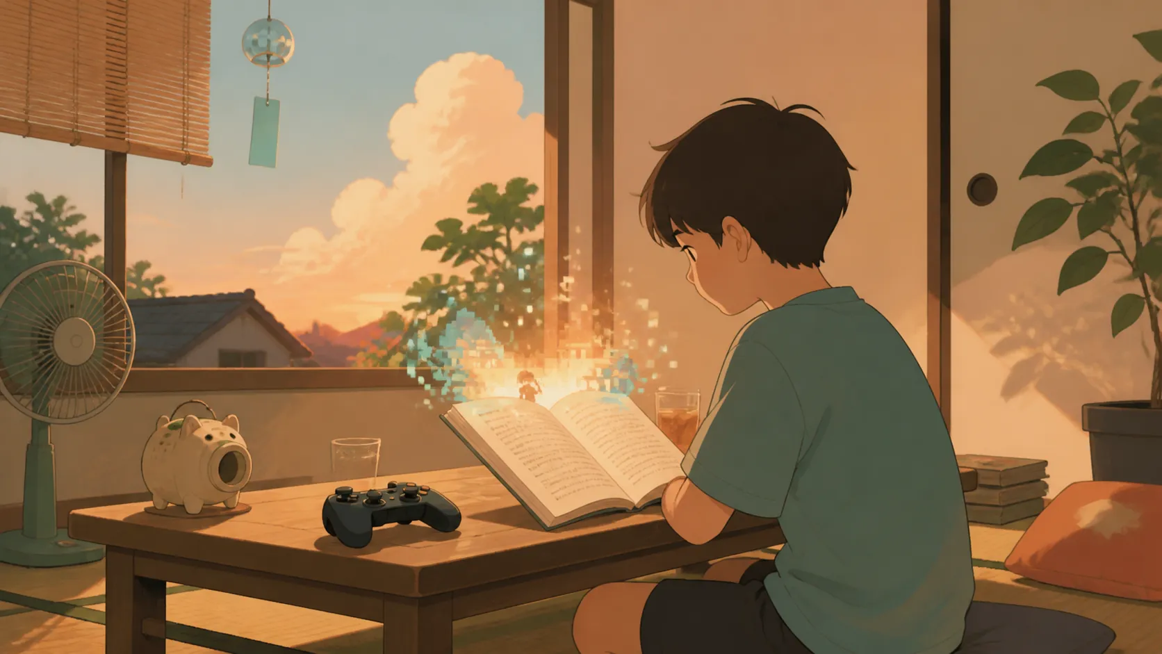 ゲームのコントローラーをそばに置き、窓辺でゲーム原作の小説を読む子ども