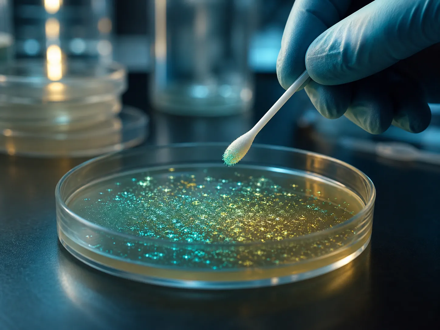Gloved hand holding a sterile swab over a petri dish while only a small portion of microbes transfers to the swab