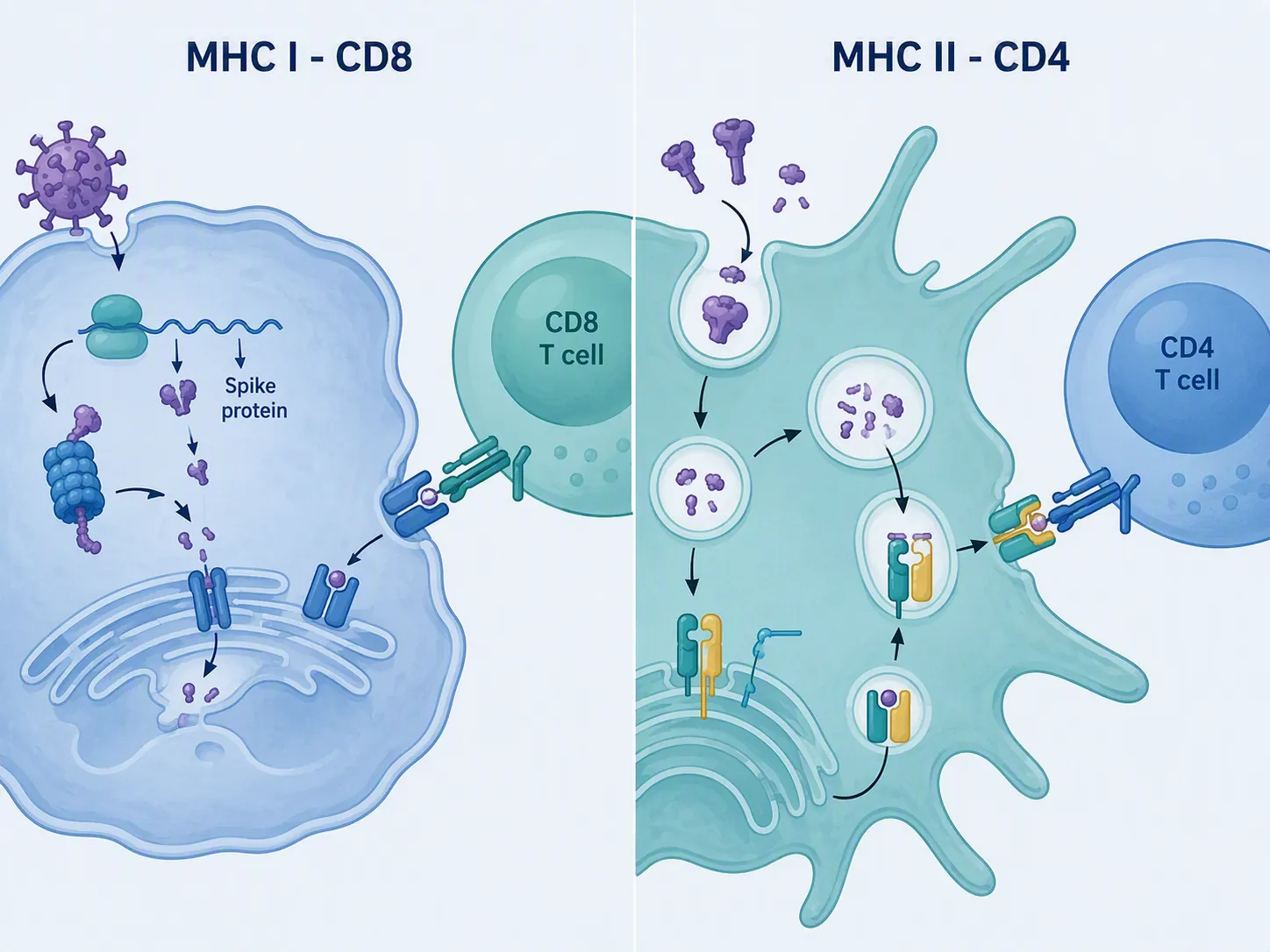 Comparison of MHC class I presentation to CD8 T cells and MHC class II presentation to CD4 helper T cells