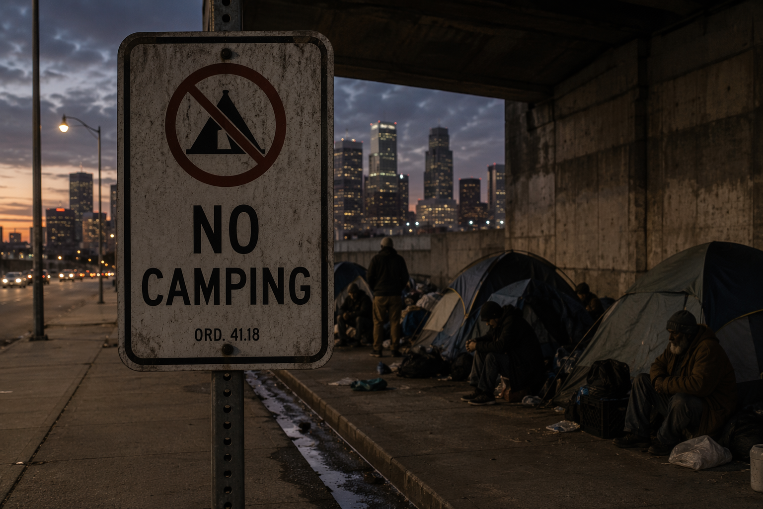 No Camping ordinance sign near tents under a city overpass at twilight