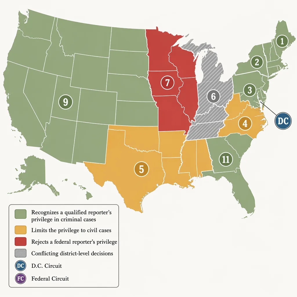 Color-coded map of federal circuits showing different reporter privilege rules