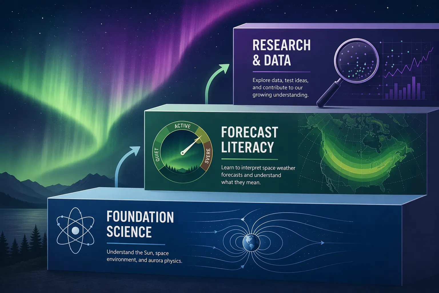 Tiered aurora study pathway from foundation science to forecast literacy to research and data