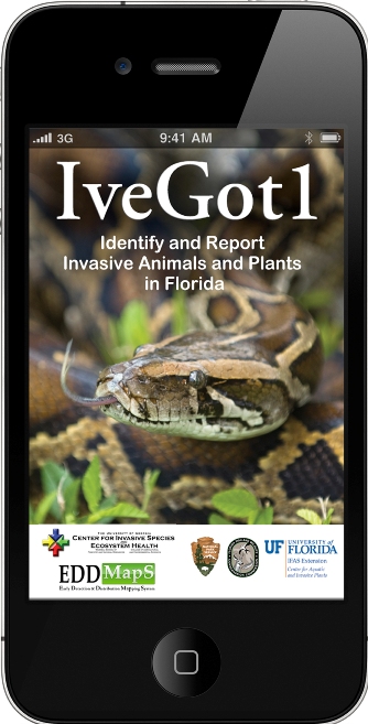 IveGot1 invasive species reporting app interface with options to report a sighting, view identification photos, and contact the hotline