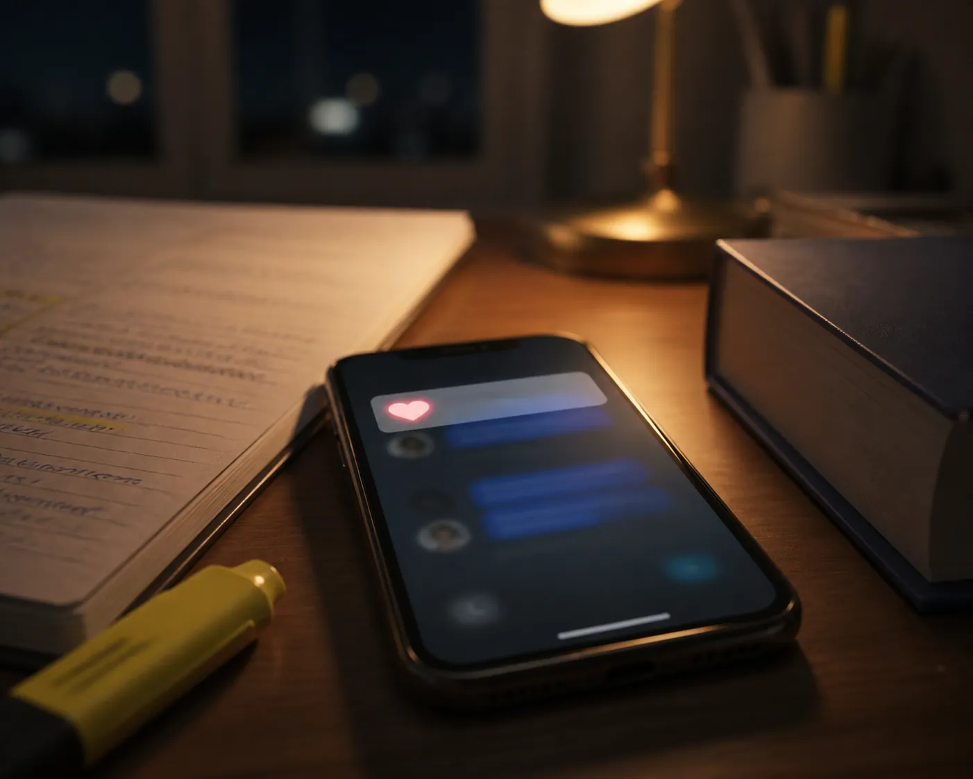 Smartphone on a study desk showing a glowing heart notification beside a notebook and highlighter