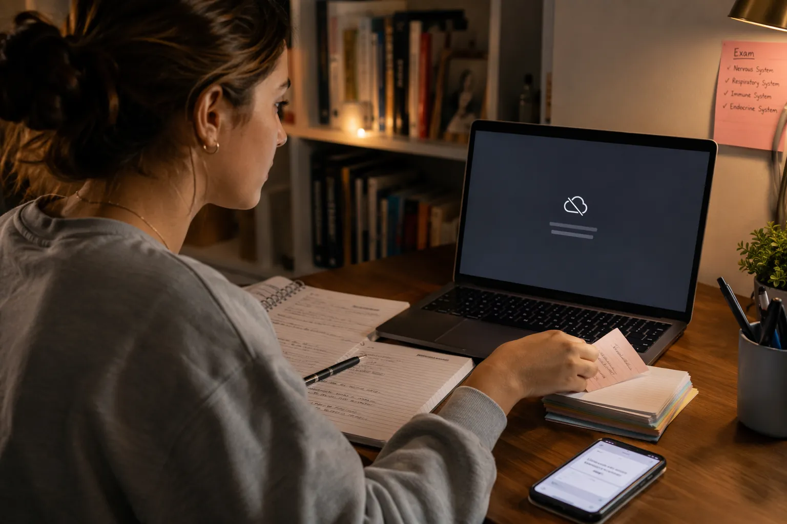 A student calmly pivots from a laptop service-unavailable screen to flashcards and a flashcard study app