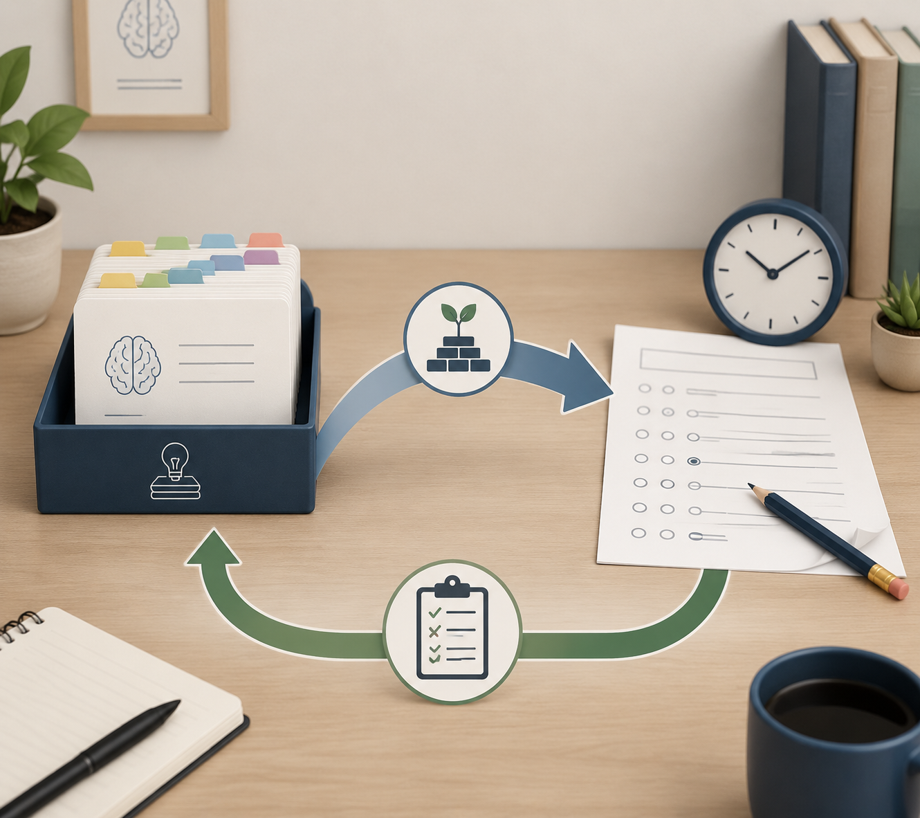 Study workflow showing flashcards, a timed practice test, and a feedback loop back to the cards