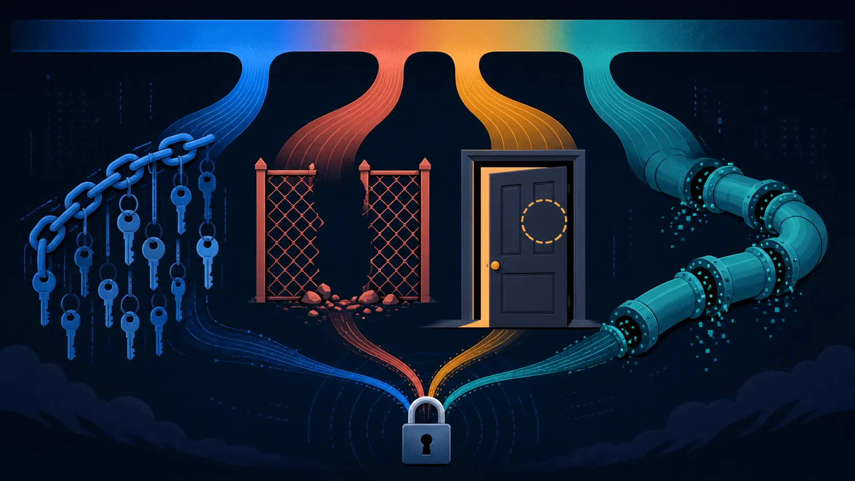 A news headline splitting into four security failure streams before converging into a padlock