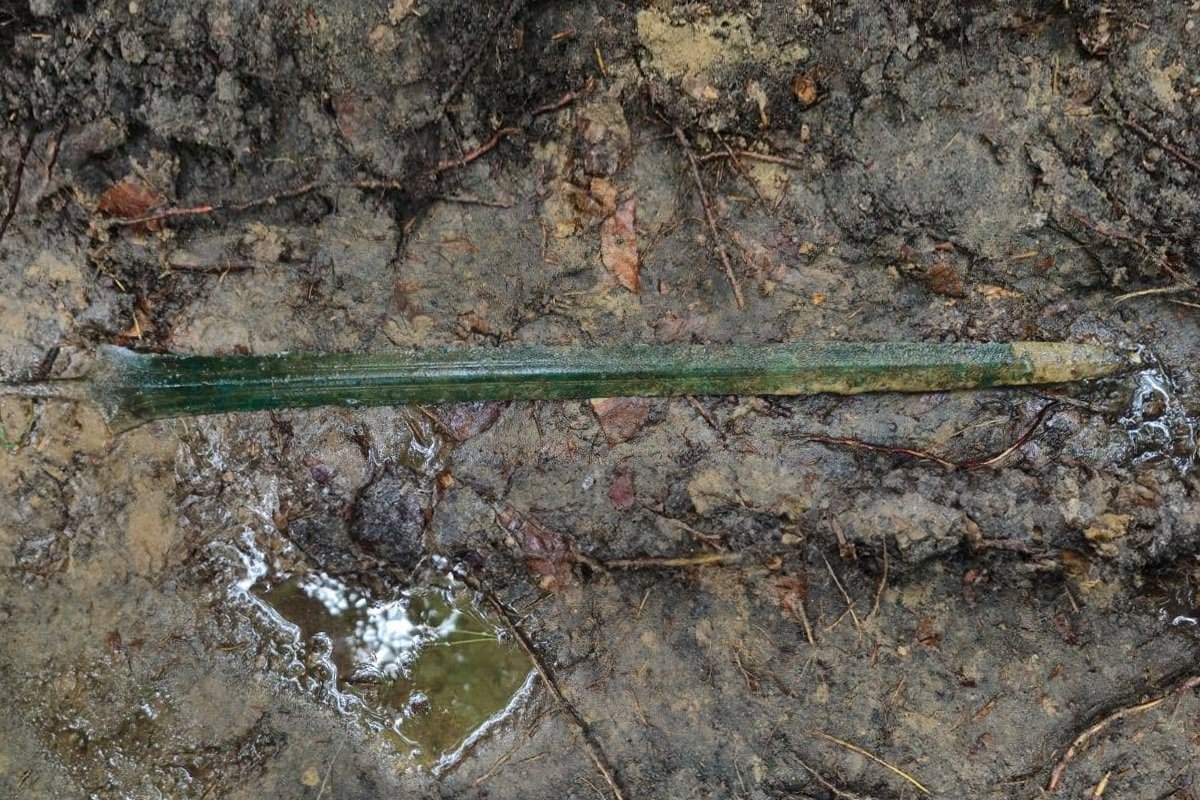 Close-up bronze sword showing decorative grooves and a decayed tang-hilted handle area.
