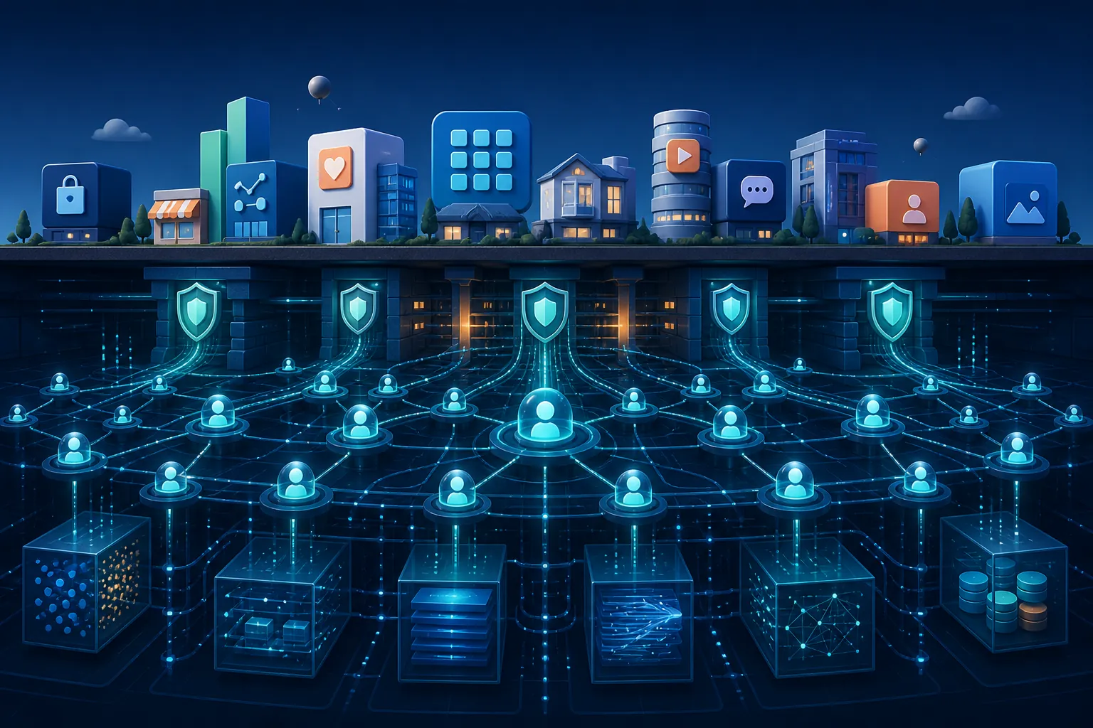 Applications supported by an underground foundation of agent nodes, orchestration paths, data streams, and governance gates