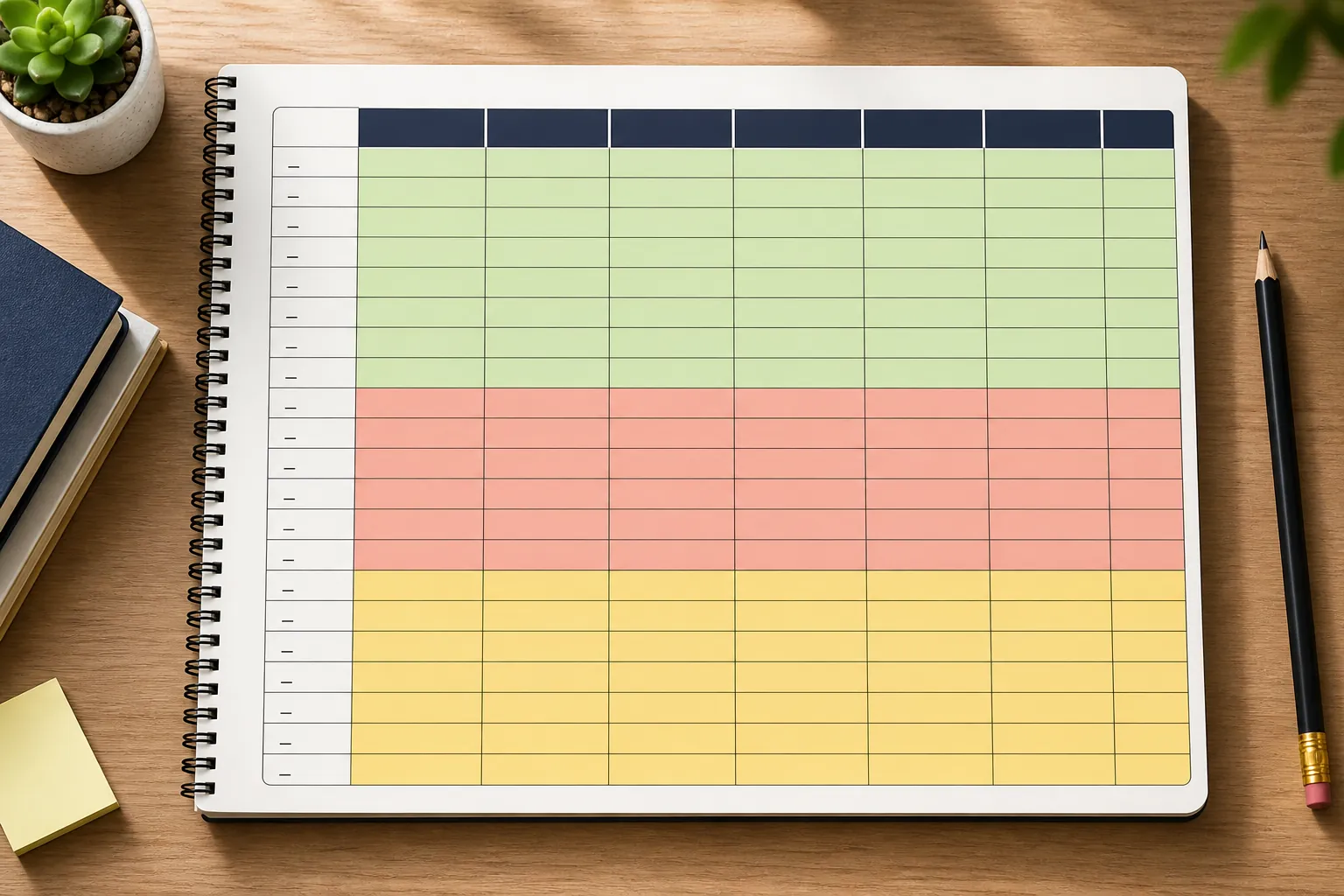 Weekly study planner grid with morning blocks shaded green, midday blocks red, and evening blocks yellow