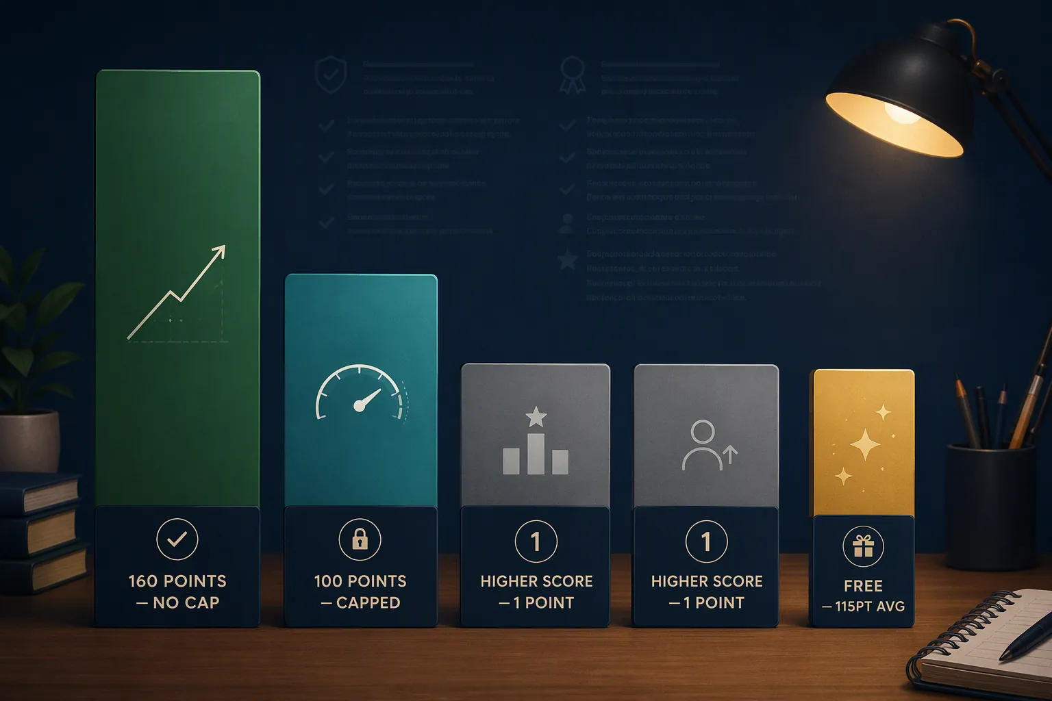 Comparison bars showing a 160-point guarantee, a capped 100-point guarantee, one-point higher score guarantees, and a free 115-point average gain benchmark