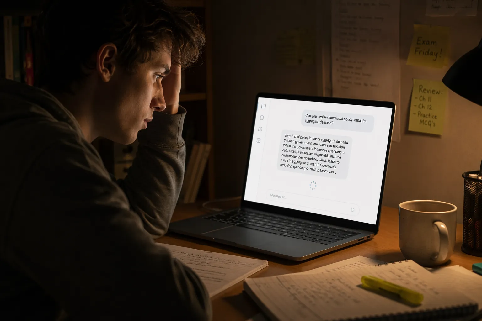 A frustrated student studies late at night while an AI chat response stalls on a laptop