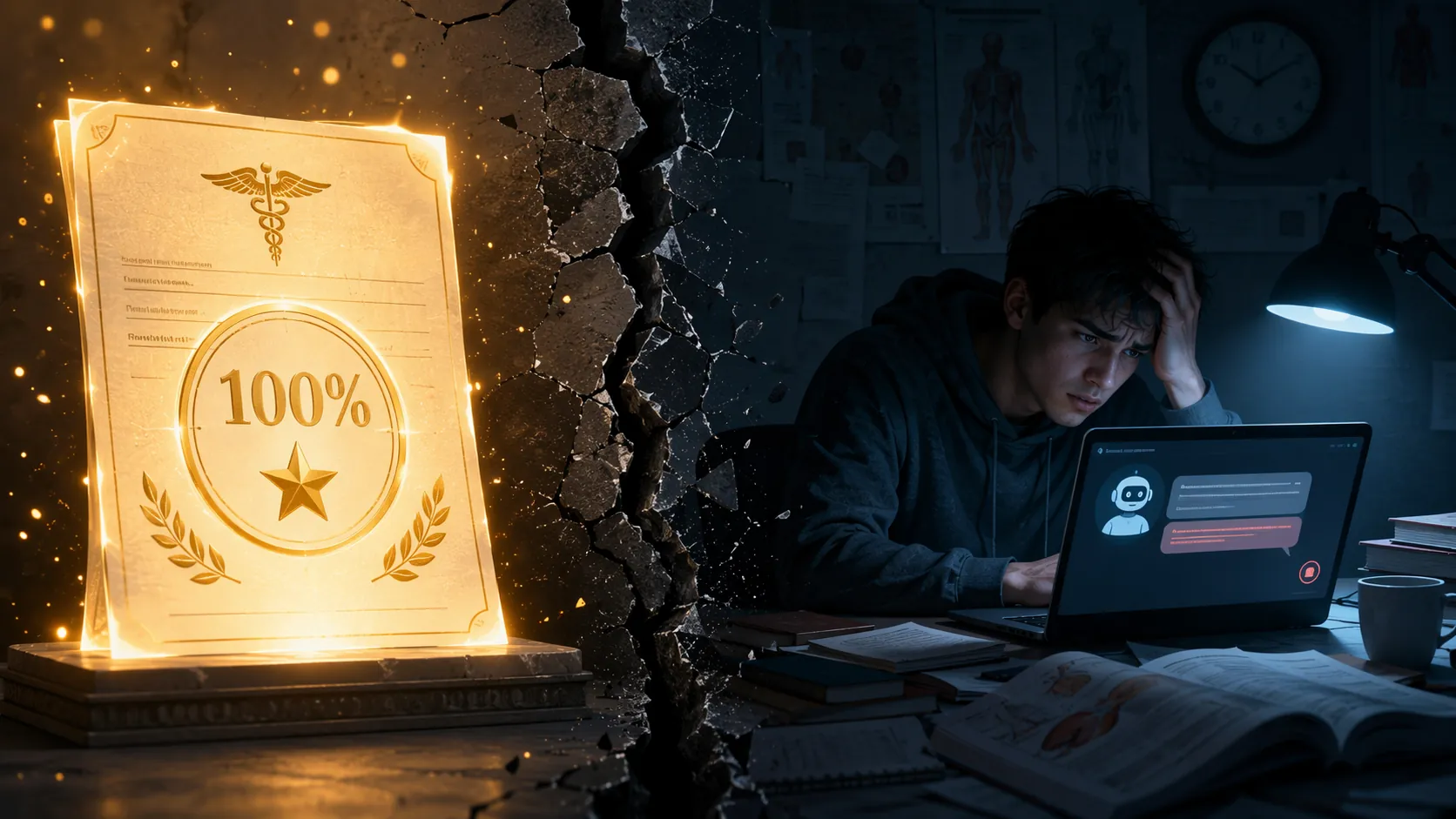 Split scene showing a perfect medical exam score beside a tired student using a chatbot late at night