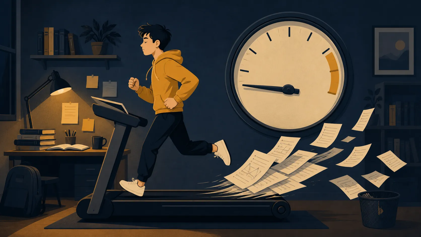 Student running on a treadmill with practice pages flying off while a low gauge suggests practice without score improvement