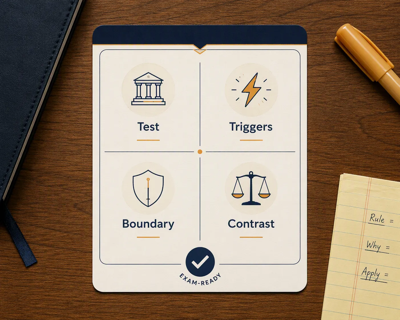 A rule card divided into Test, Triggers, Boundary, and Contrast