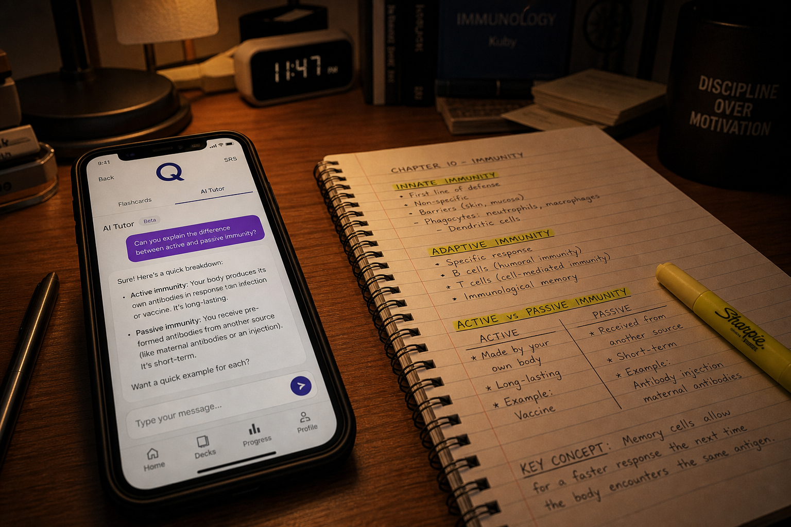 A split-composition study desk scene with a smartphone displaying Quizlet's flashcard interface and AI chat bubble on one side, and a notebook with handwritten notes on the other.