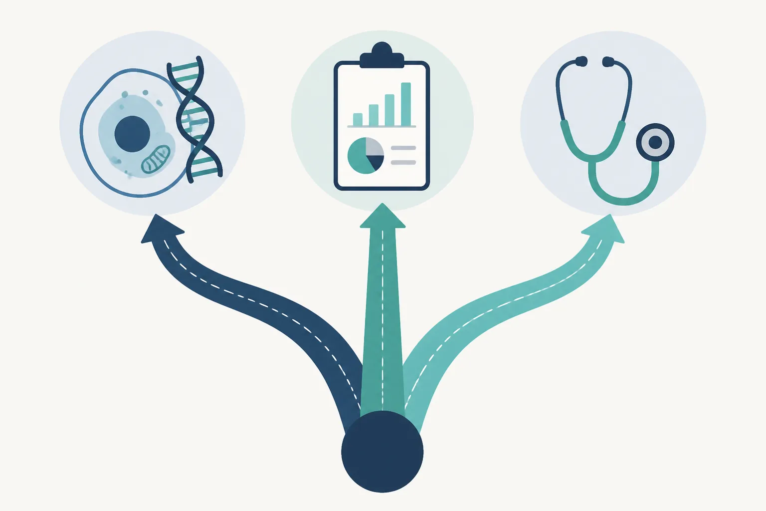 Three diverging study routes leading to molecular biology, clinical charting, and physical exam tools
