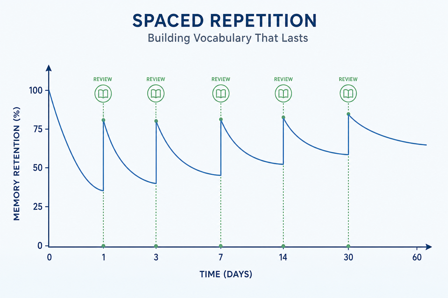 An editorial diagram showing the spaced repetition forgetting curve with declining memory retention interrupted by review spikes at progressively wider intervals, each reaching a higher retention baseline.
