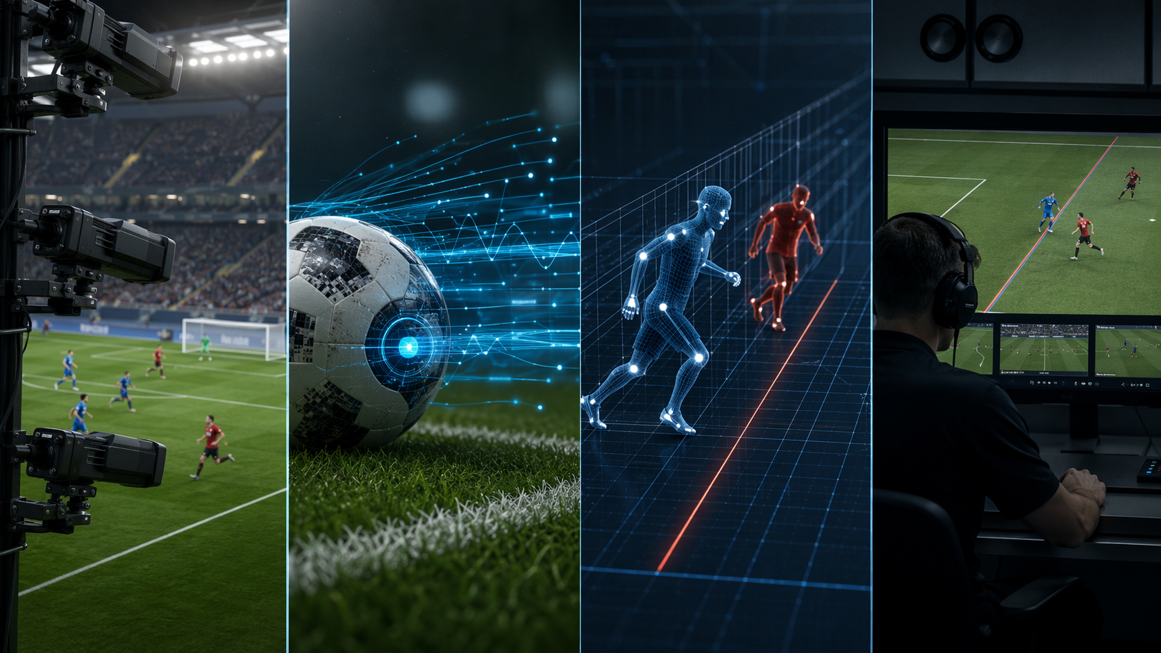 Four coordinated stages of semi-automated offside technology from stadium tracking cameras to connected ball data, AI limb-position processing, and VAR confirmation