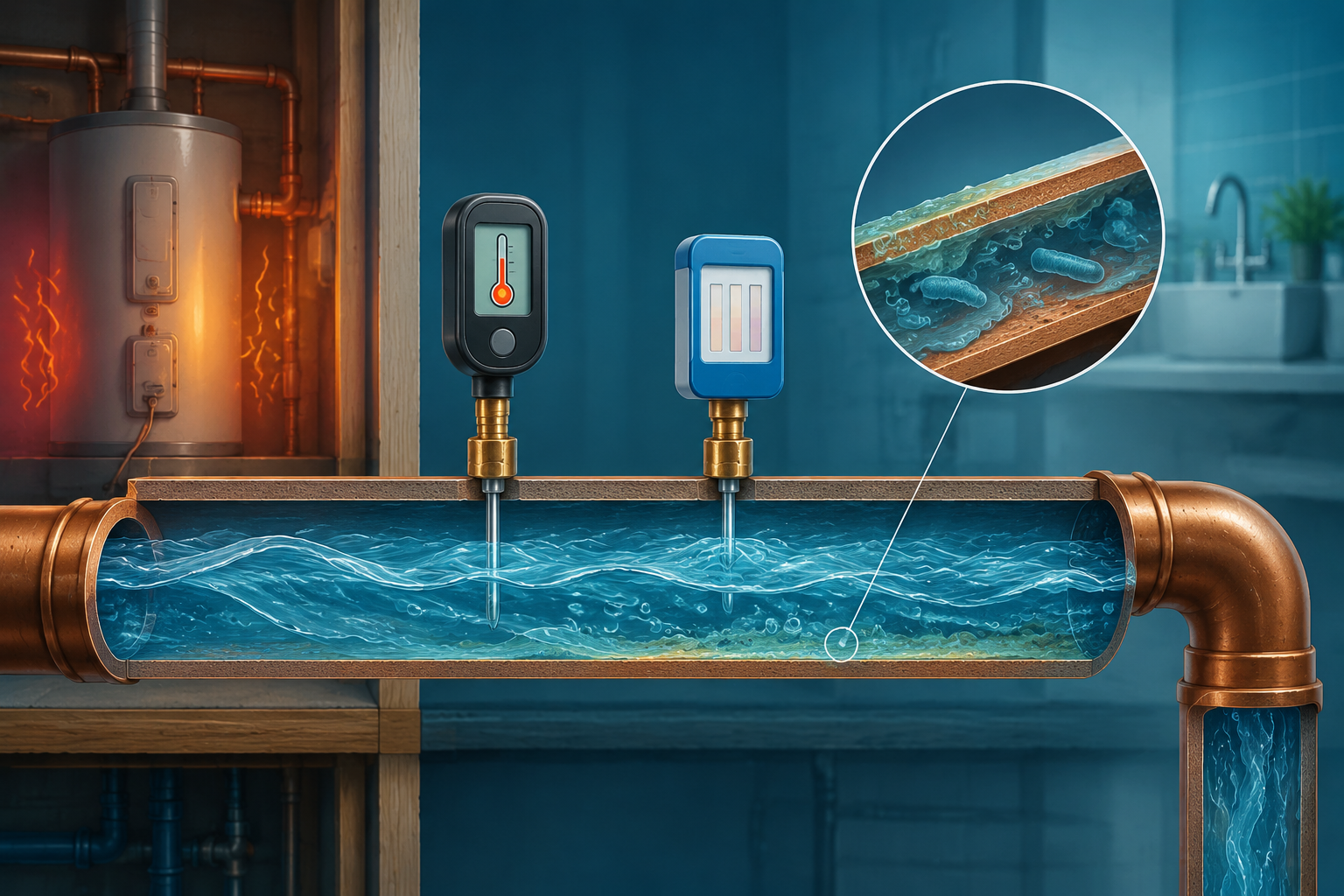 Building plumbing with water heater, thermometer, chlorine monitoring point, and biofilm inset