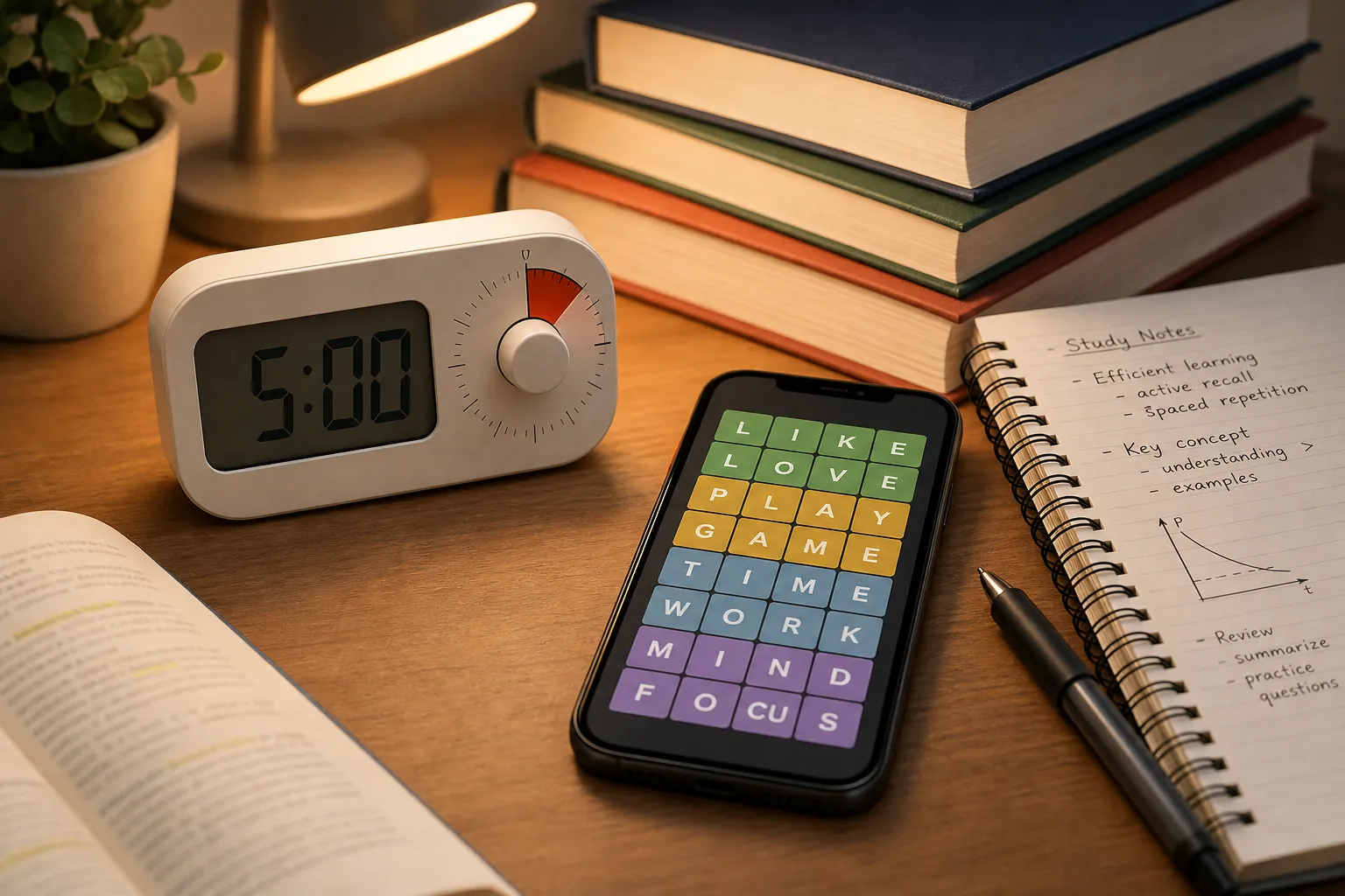 A study desk with a five-minute timer, a phone showing a 4x4 word puzzle, textbooks, and a notepad