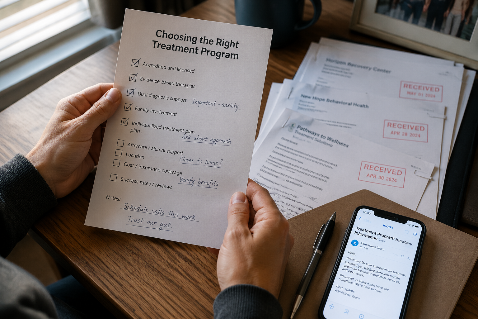 A parent reviews a printed safety checklist beside official documents, notes, a pen, and a smartphone