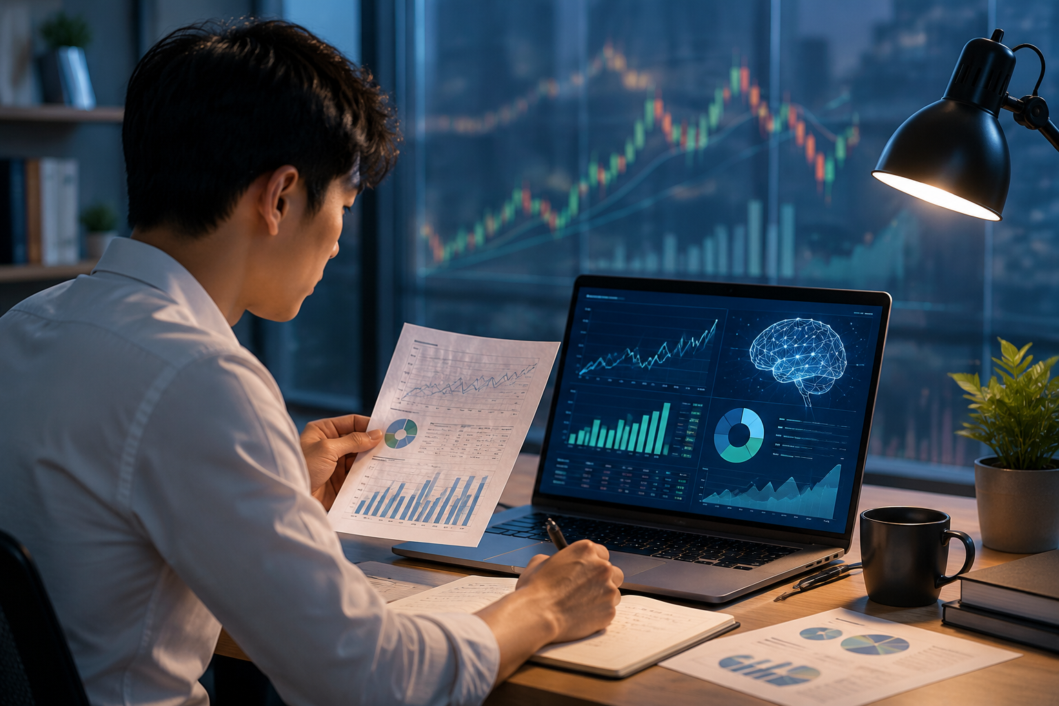 Young finance student cross-checking AI-generated financial charts with a printed report at a desk