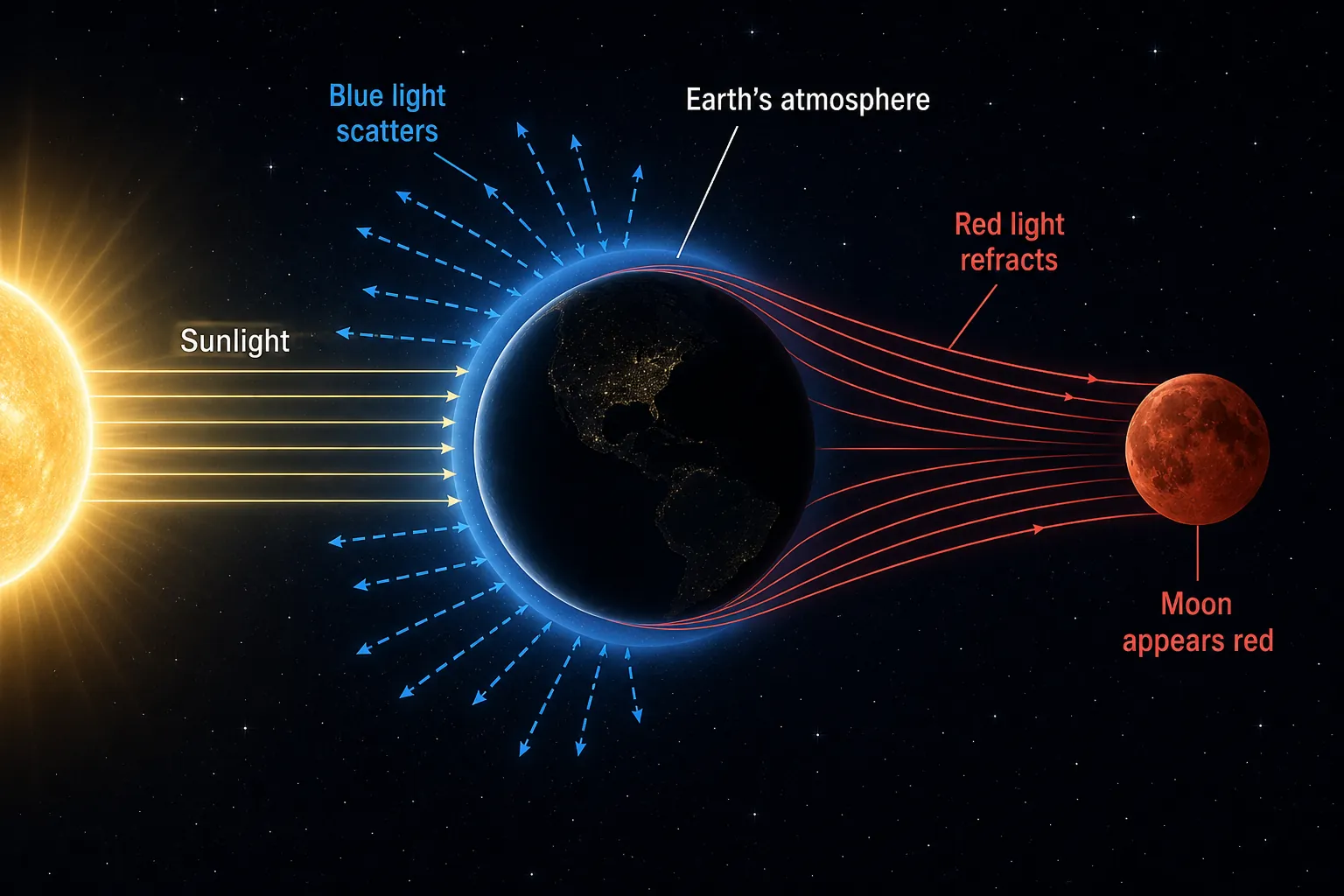 Diagram showing blue light scattering and red light refracting through Earth’s atmosphere during a lunar eclipse