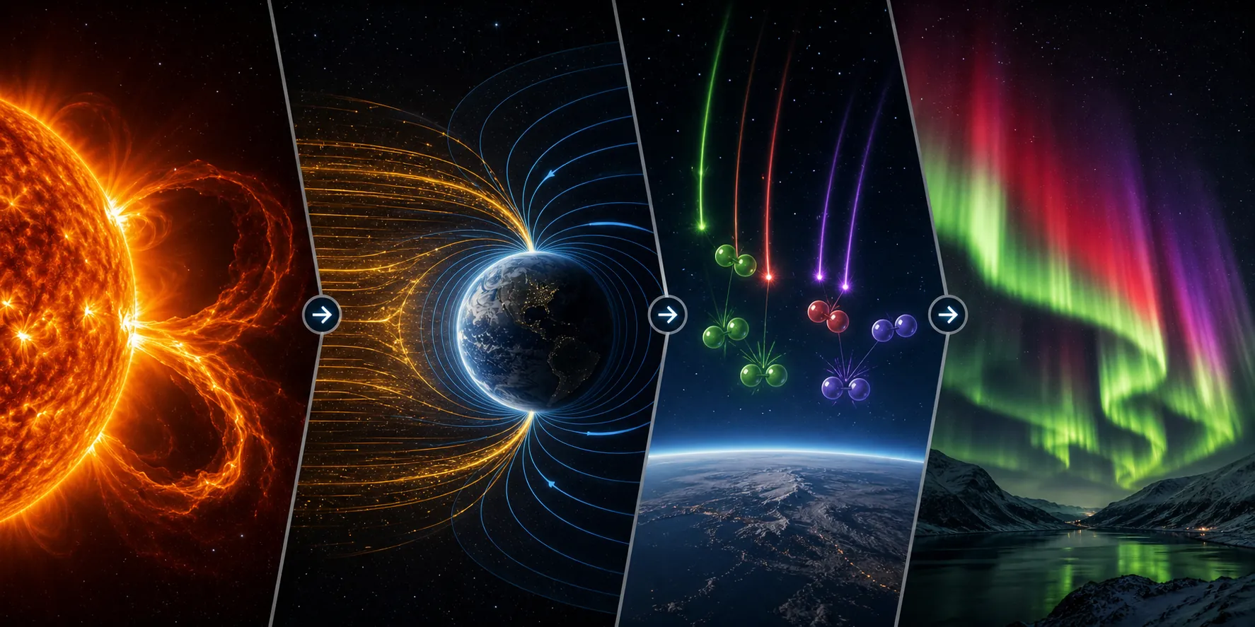 Four-panel illustration of the aurora chain from solar source to particle transport, atmospheric interaction, and light emission