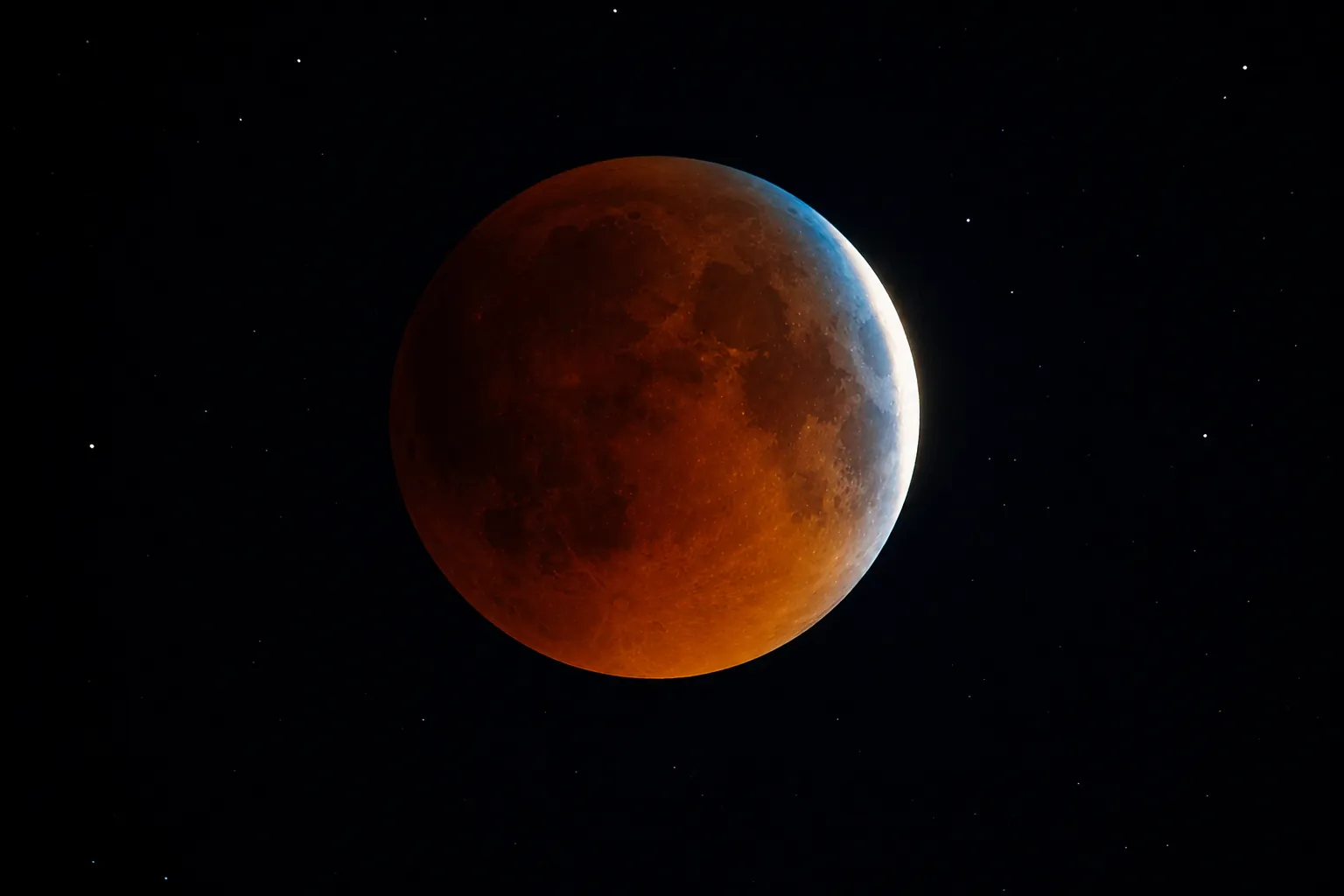 Deep partial lunar eclipse with a copper-red Moon, bright remaining sliver, faint bluish edge, and stars in the darkened sky