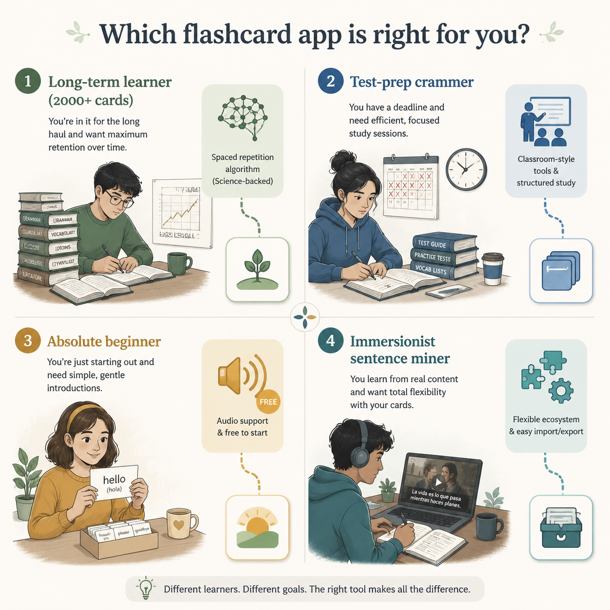 Four language learner personas mapped to flashcard app recommendation types