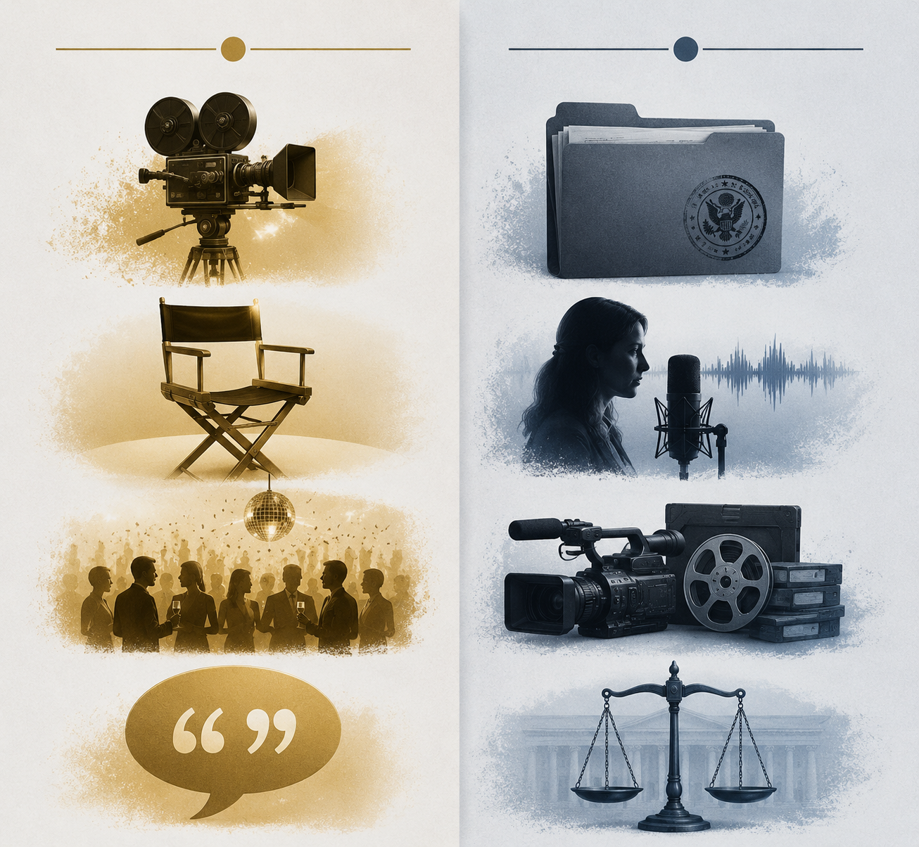 Two-column framework comparing cinematic persuasive techniques with documentary evidence methods