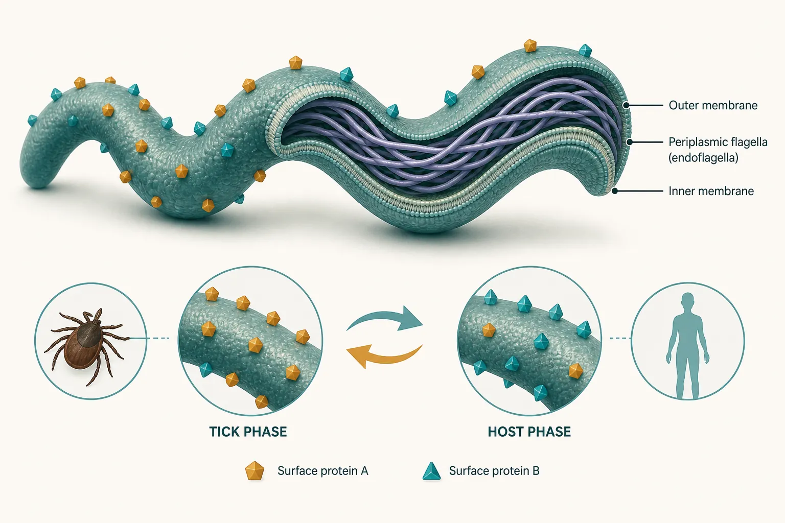 Cutaway illustration of a Borrelia spirochete with periplasmic flagella and surface proteins