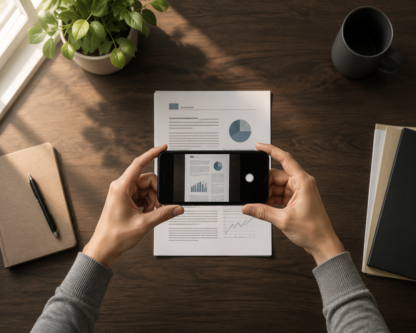 Hands holding an iPhone parallel above a printed handout on a dark wooden surface with soft side light