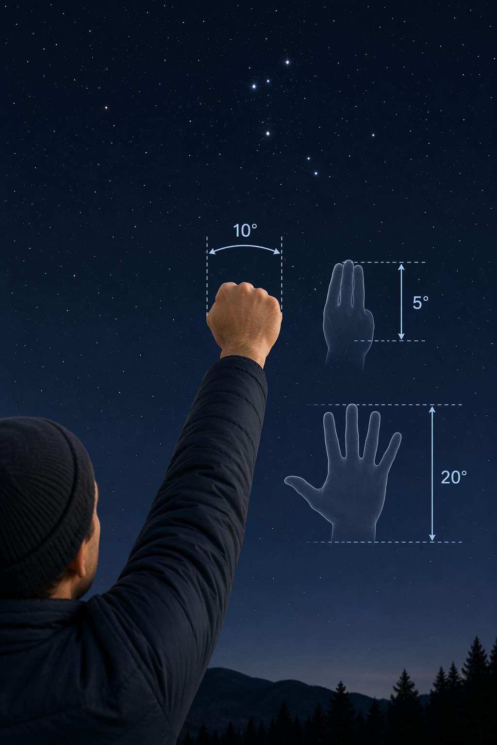 Hand-angle measurements showing a fist width as about 10 degrees against a starry sky