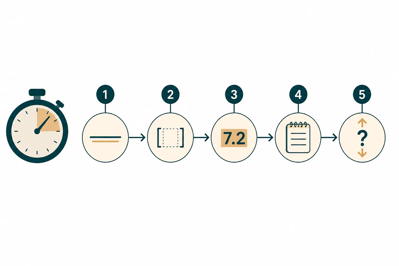 Timed five-step annotation workflow with icons for claim, methods, numbers, notes, and question