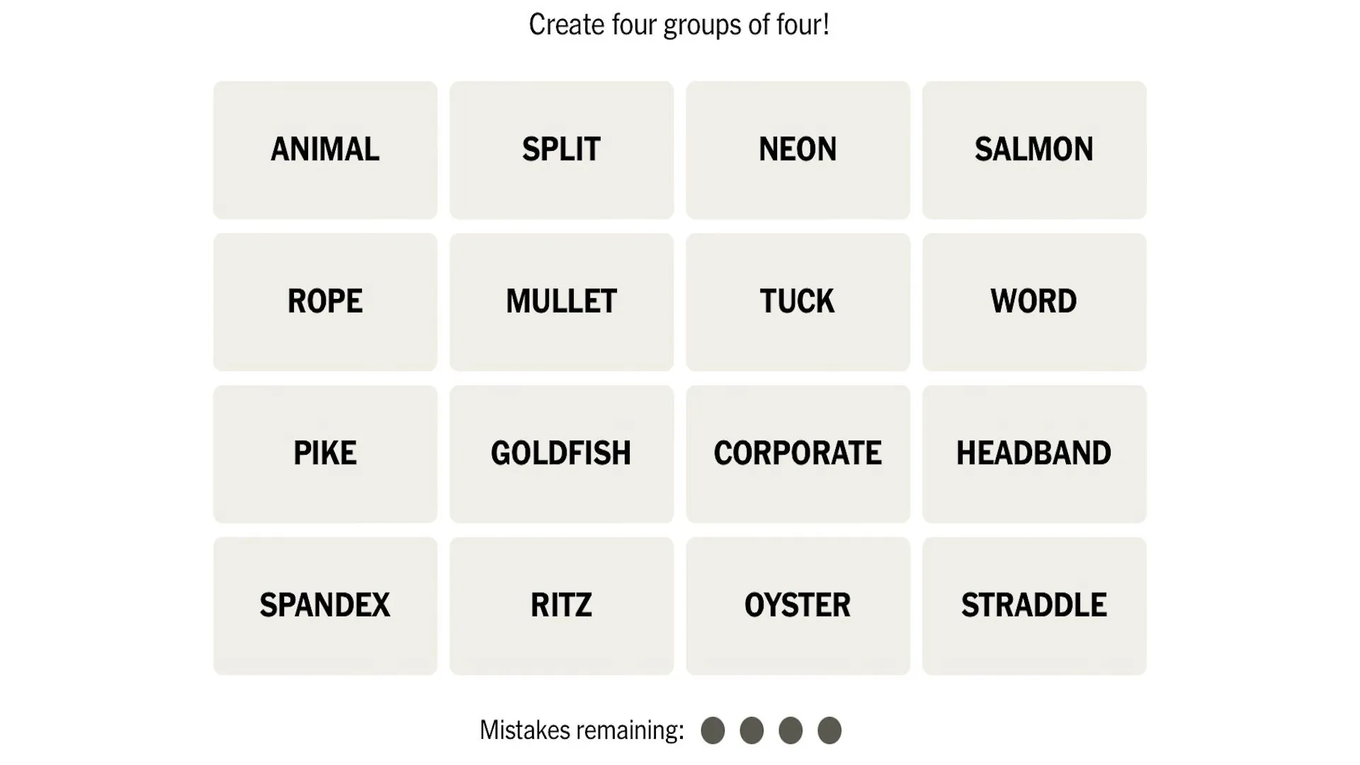Screenshot of a New York Times Connections word grid with single words to sort into hidden groups