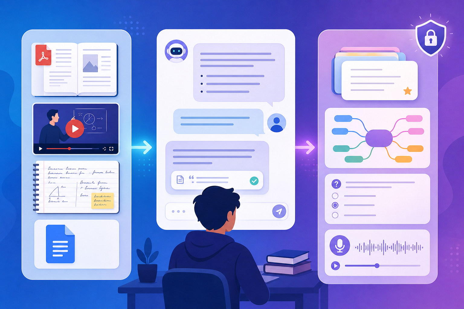 An illustration showing a three-panel layout representing NotebookLM's source inputs, chat interface, and study outputs.