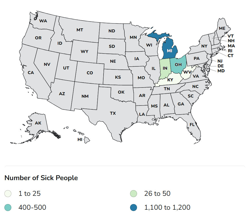 CDC case count map for five states in the July 2026 Cyclospora outbreak linked to shredded iceberg lettuce