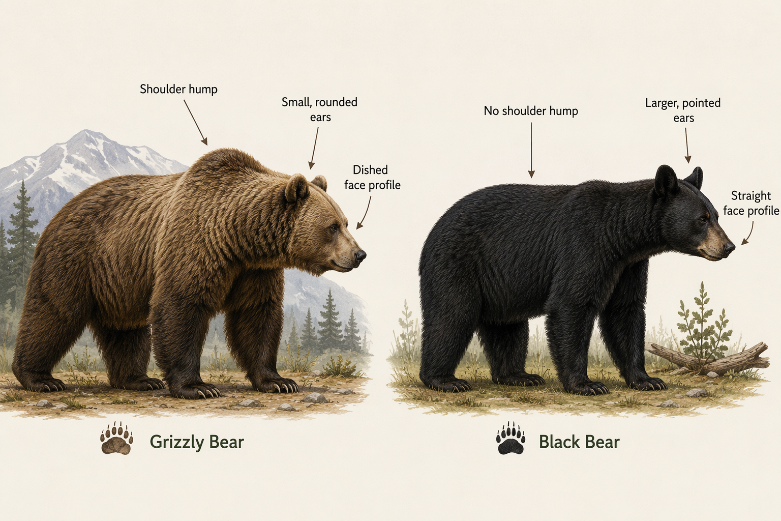 Side-by-side field guide comparison of grizzly and black bear features