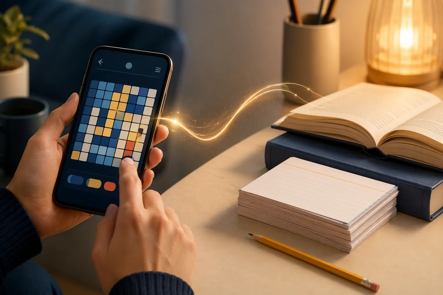 Smartphone word puzzle connected to focused study materials on a desk