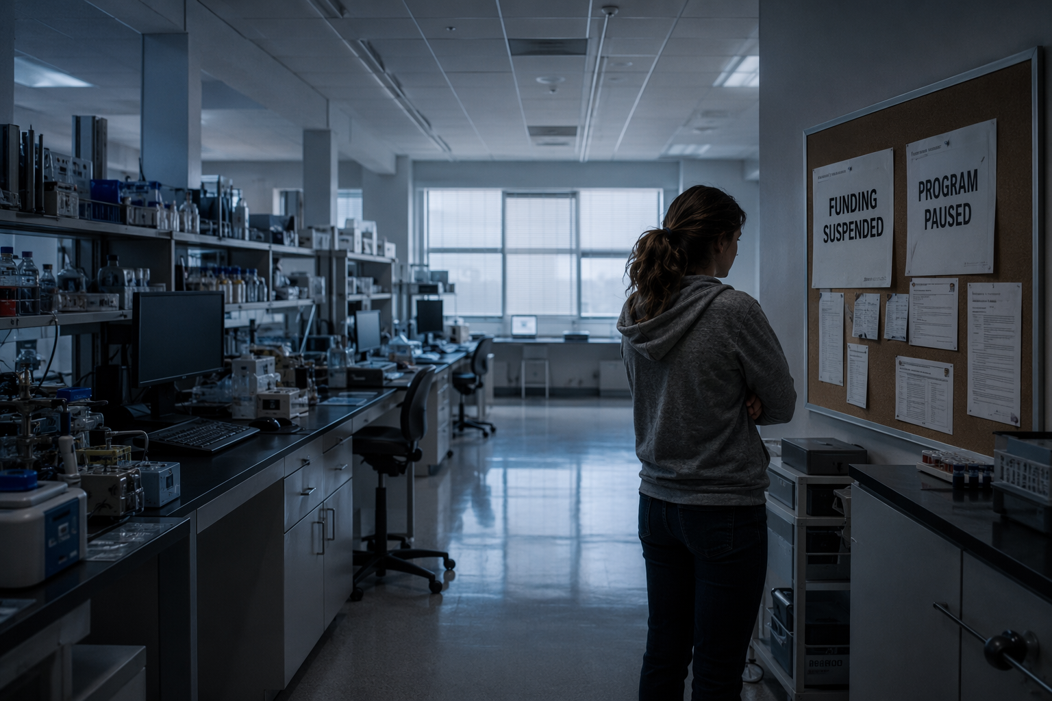 Dim university research laboratory with empty benches, dark monitors, and funding suspension notices on a board