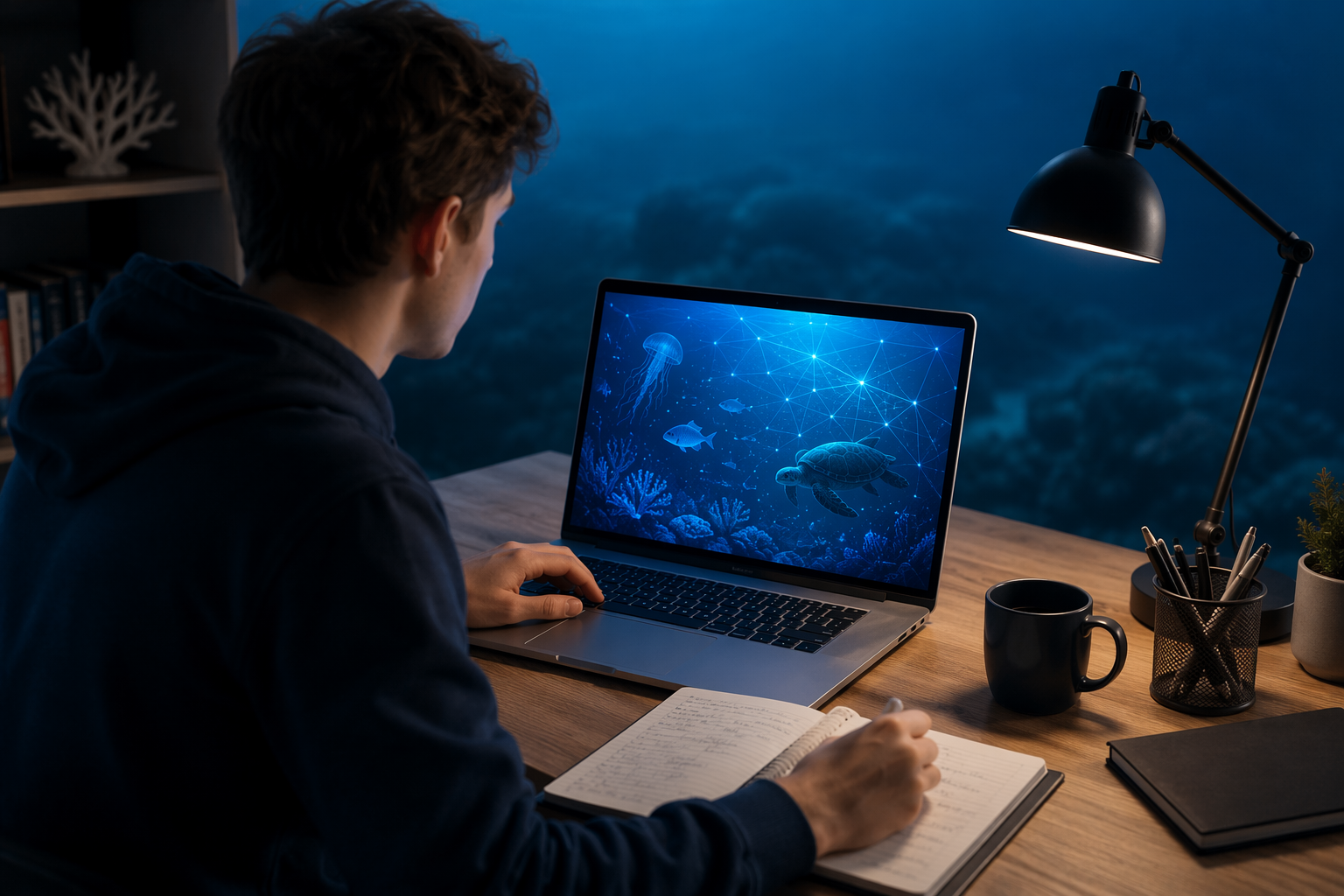 University student using a laptop with an ocean and neural network visualization on screen