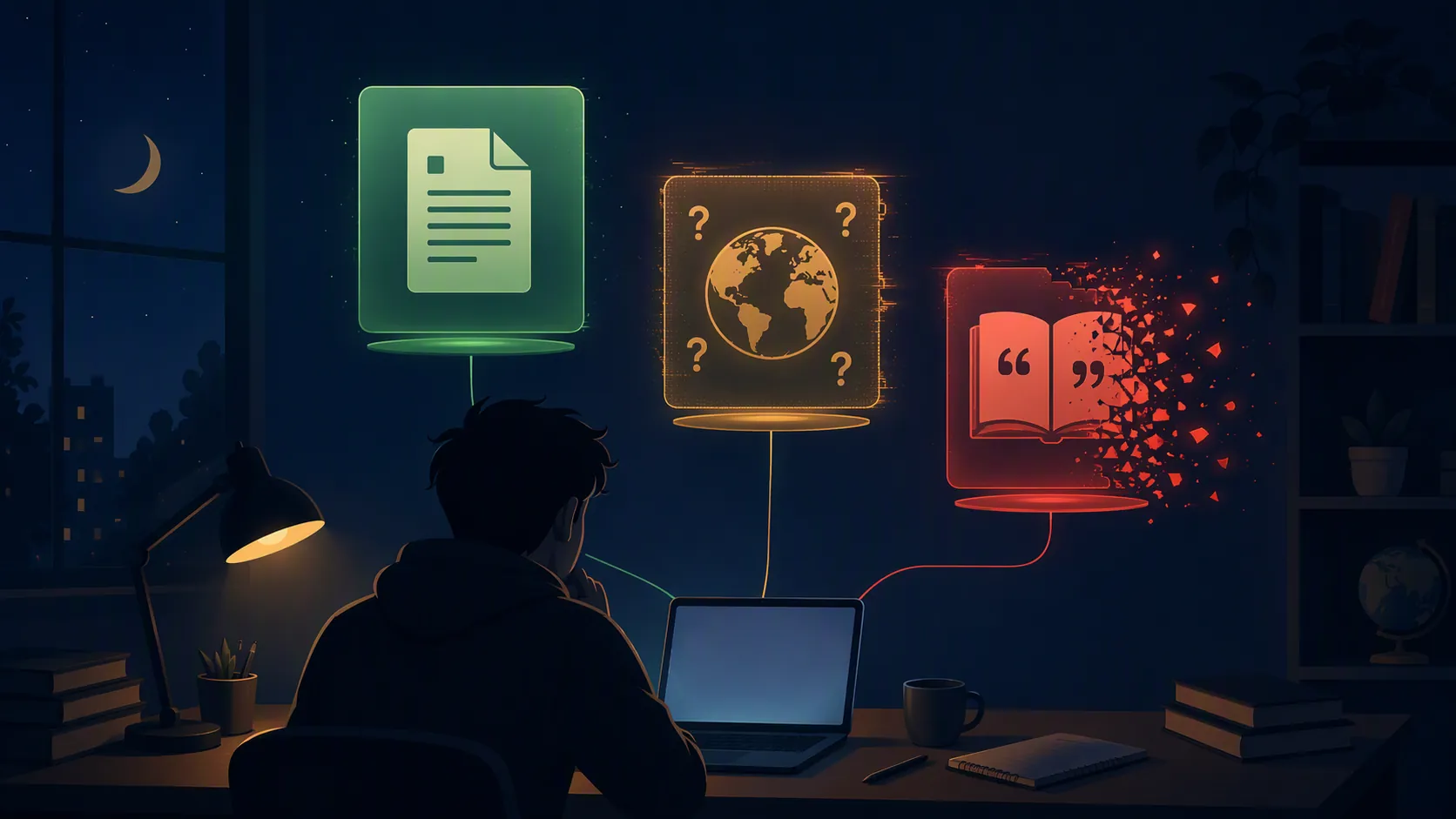 Student studying at night with task panels showing that chatbot reliability changes by task
