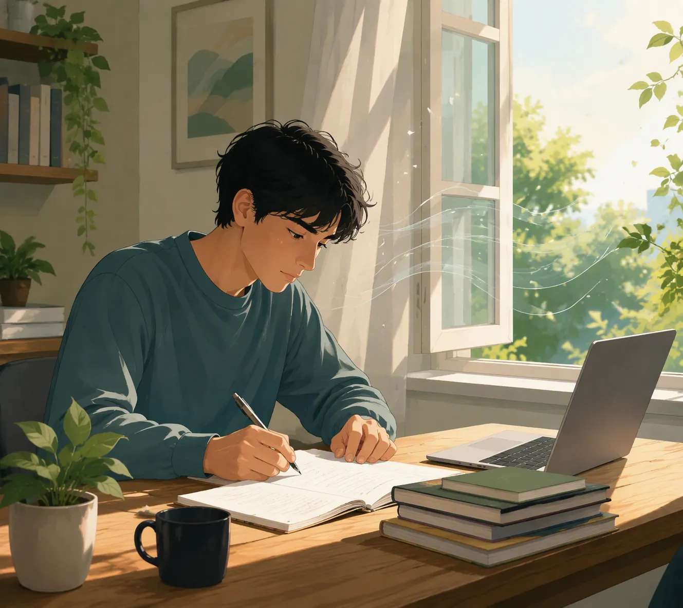 A young adult studying beside an open window in a bright, airy room