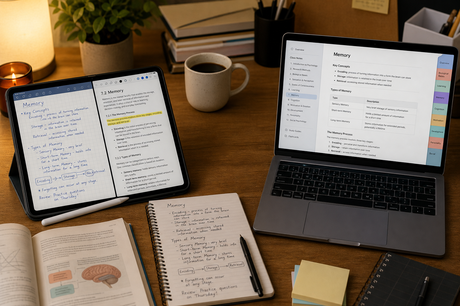 Split-screen of a student desk showing an iPad with handwritten GoodNotes on the left and a laptop with typed OneNote on the right, with textbooks in the center.
