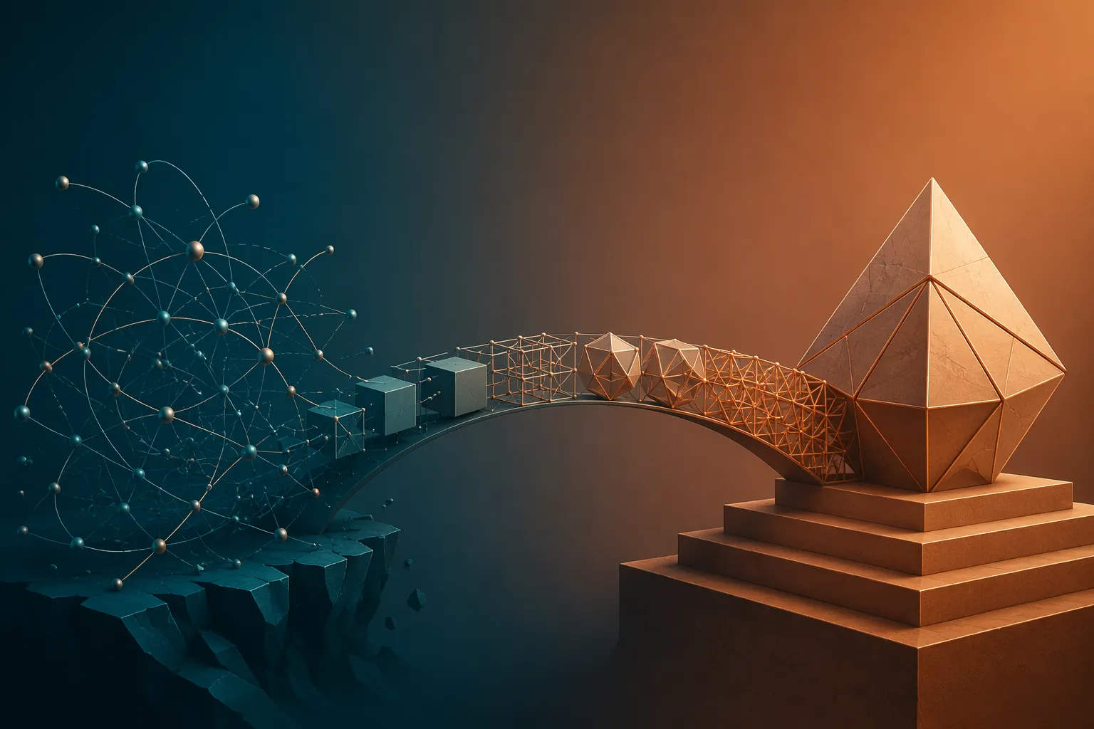 Abstract curved structure connected by geometric forms to a stable foundation